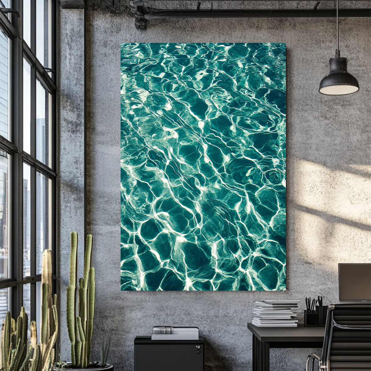 shimmering turquoise water wall art with sun reflections