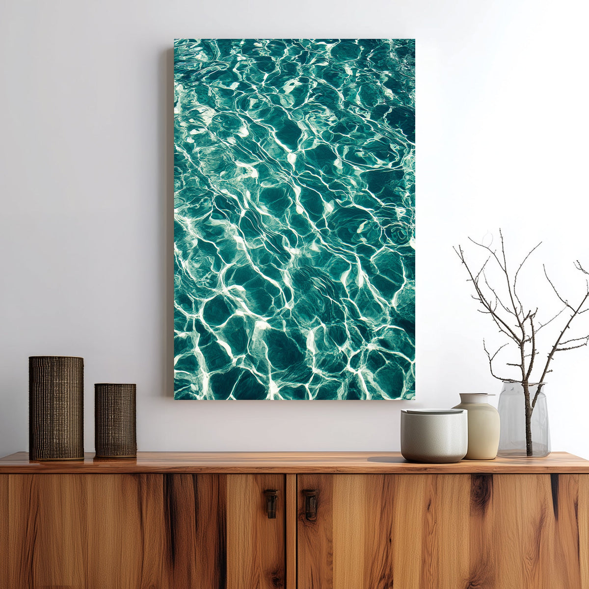 shimmering turquoise water wall art with sun reflections