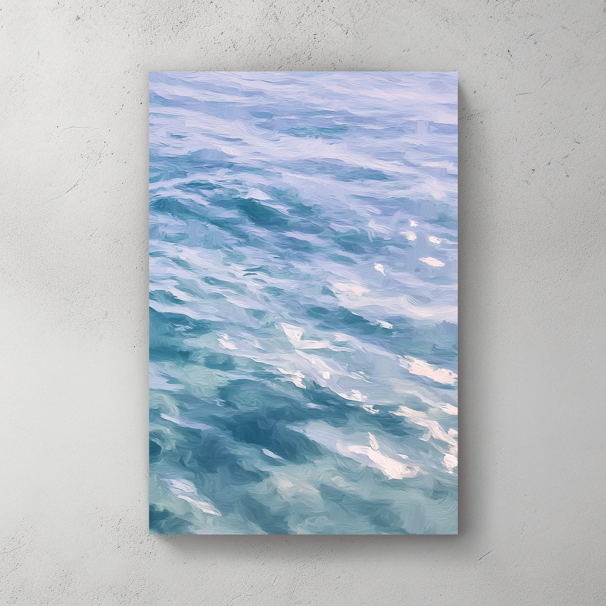 painterly ocean wave wall art in soft blue and lavender tones