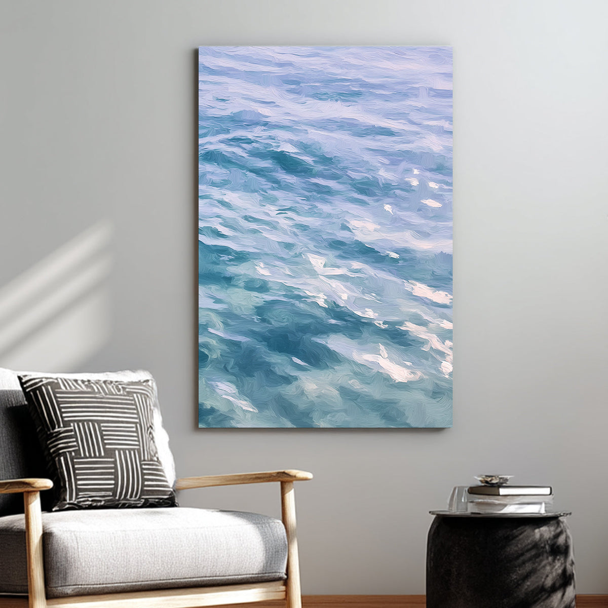 painterly ocean wave wall art in soft blue and lavender tones