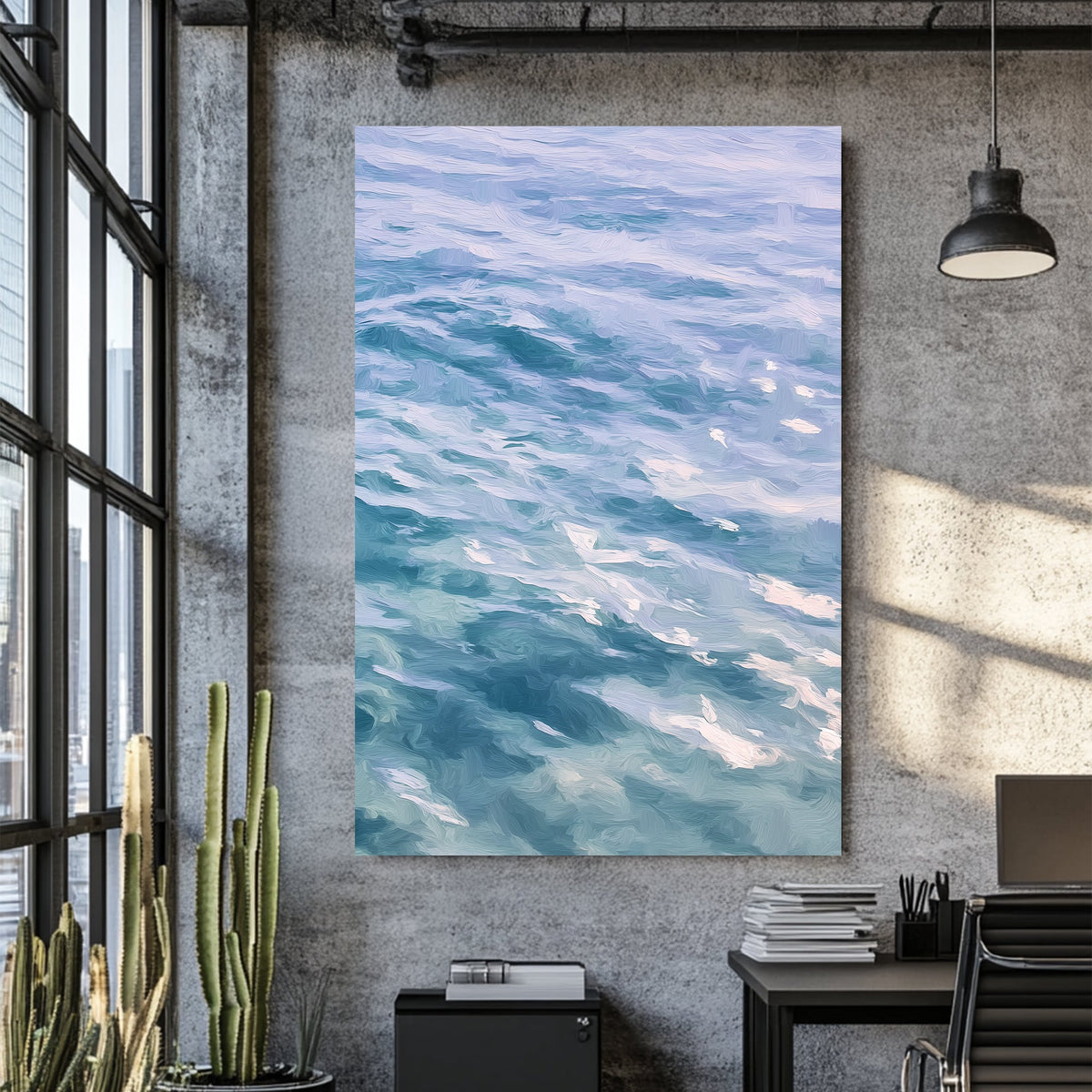 painterly ocean wave wall art in soft blue and lavender tones