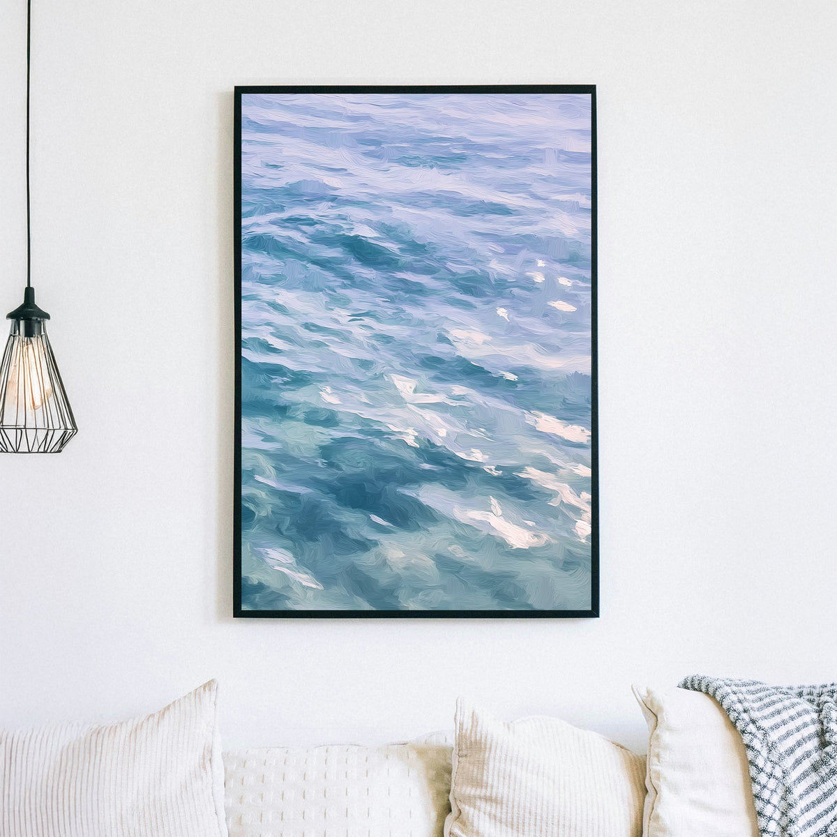 painterly ocean wave wall art in soft blue and lavender tones
