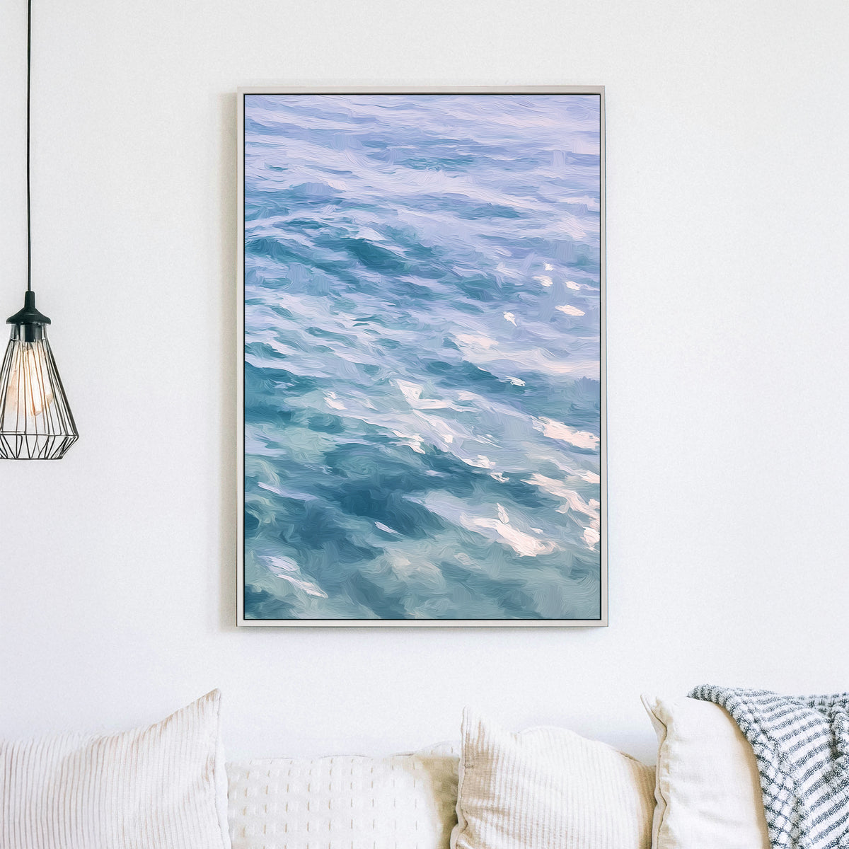 painterly ocean wave wall art in soft blue and lavender tones
