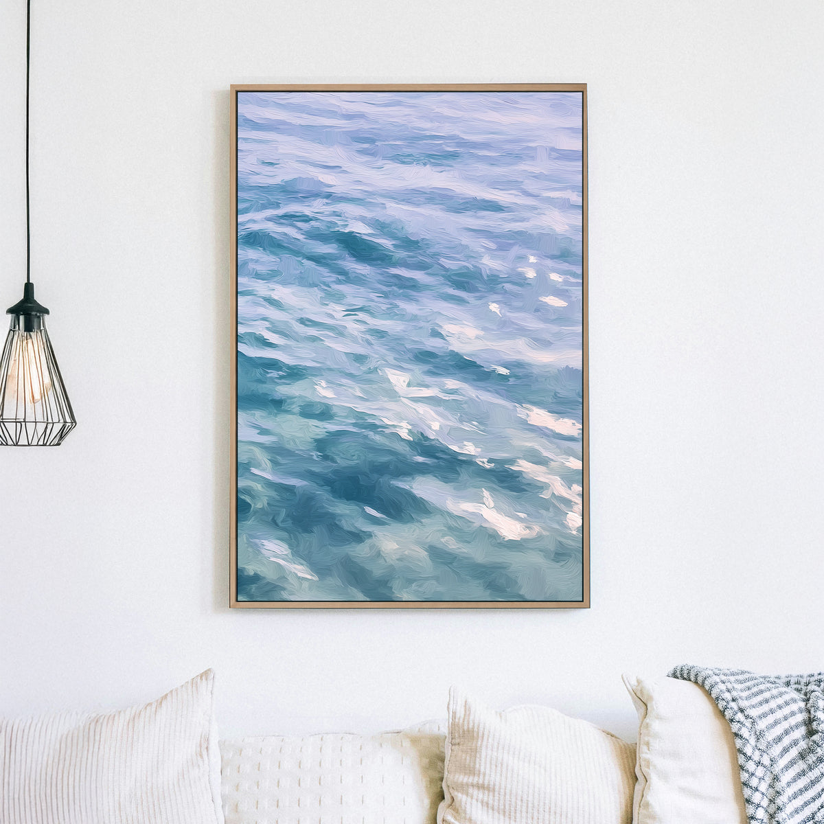 painterly ocean wave wall art in soft blue and lavender tones