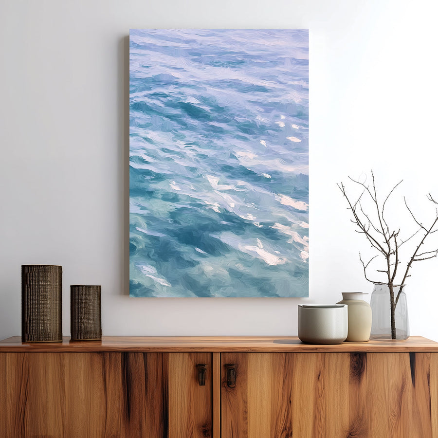 painterly ocean wave wall art in soft blue and lavender tones