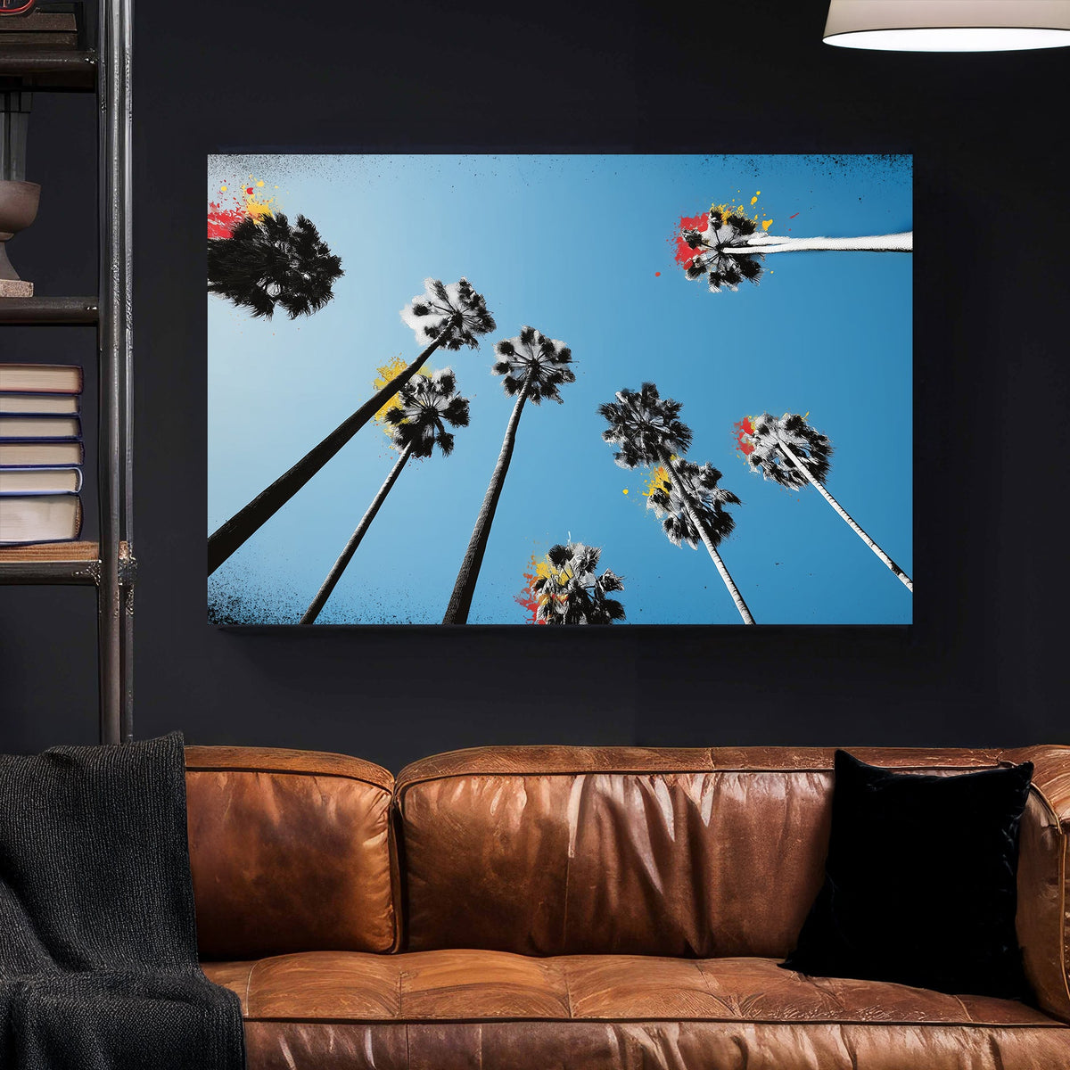 graffiti palm trees wall art with blue sky and paint splashes