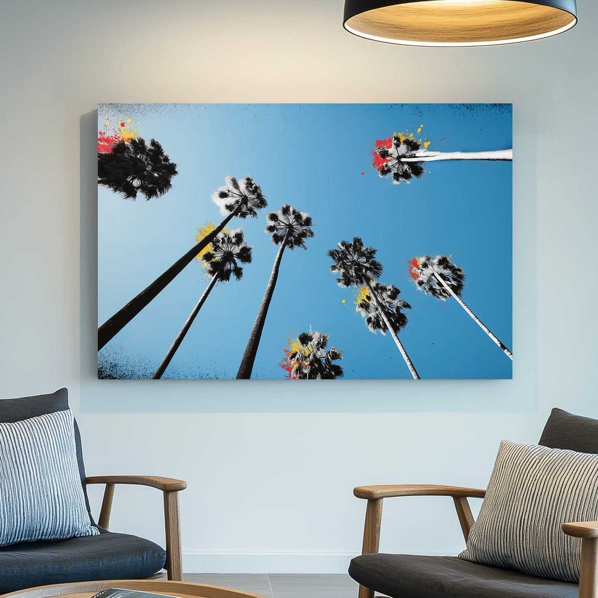 graffiti palm trees wall art with blue sky and paint splashes