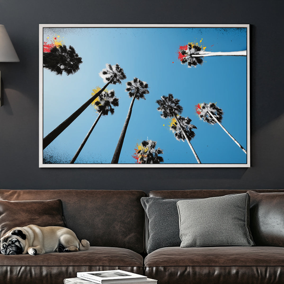 graffiti palm trees wall art with blue sky and paint splashes