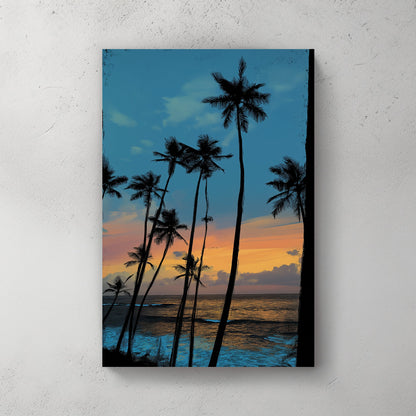 sunset palm tree wall art with ocean view and vibrant sk