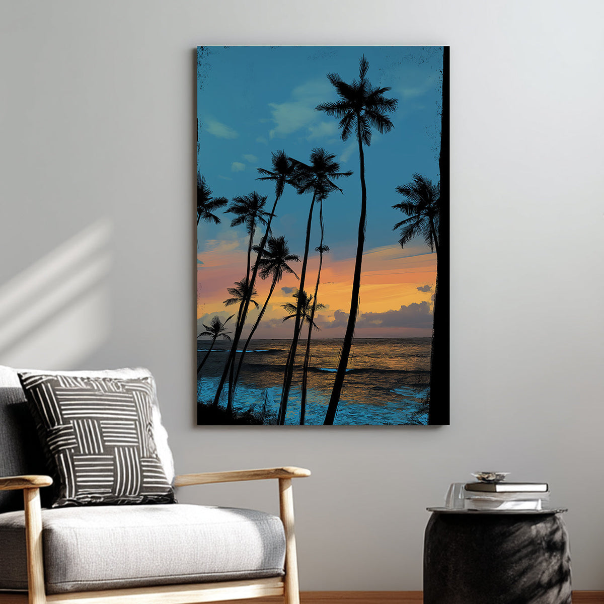 sunset palm tree wall art with ocean view and vibrant sk