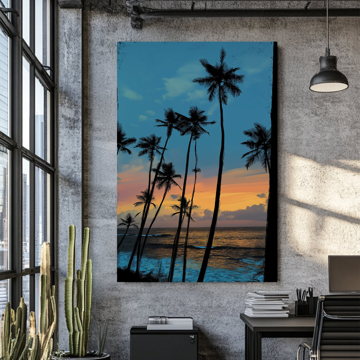 sunset palm tree wall art with ocean view and vibrant sk