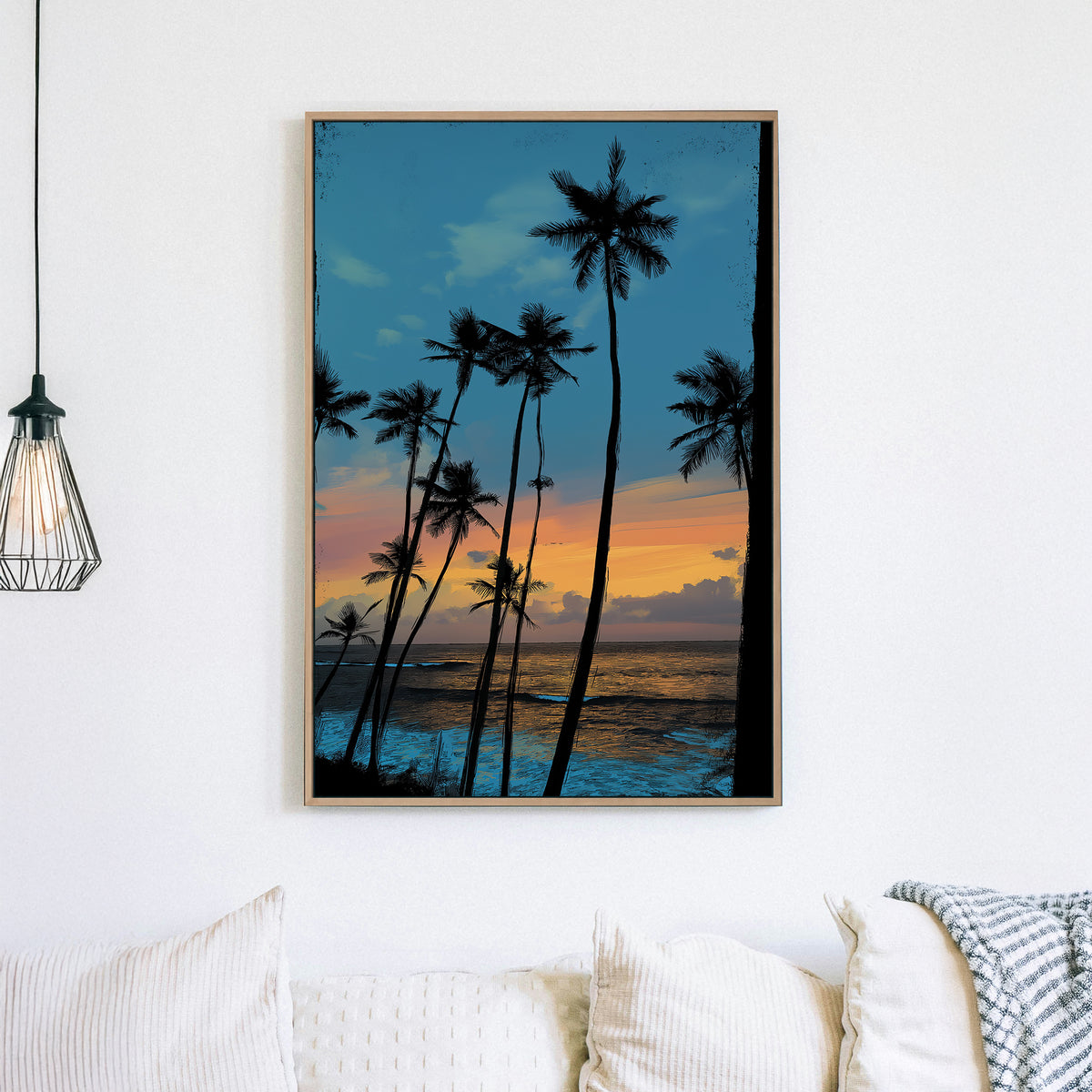 sunset palm tree wall art with ocean view and vibrant sk
