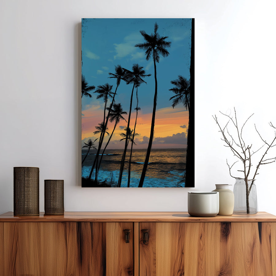sunset palm tree wall art with ocean view and vibrant sk