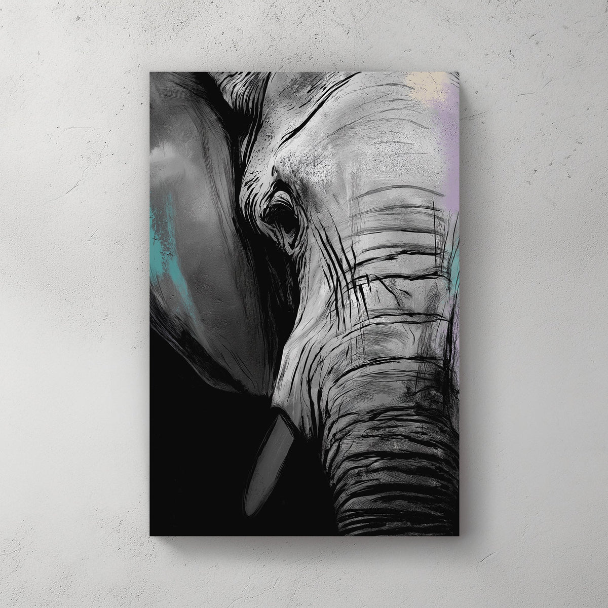 elephant close-up wall art with textured monochrome style and bold lines