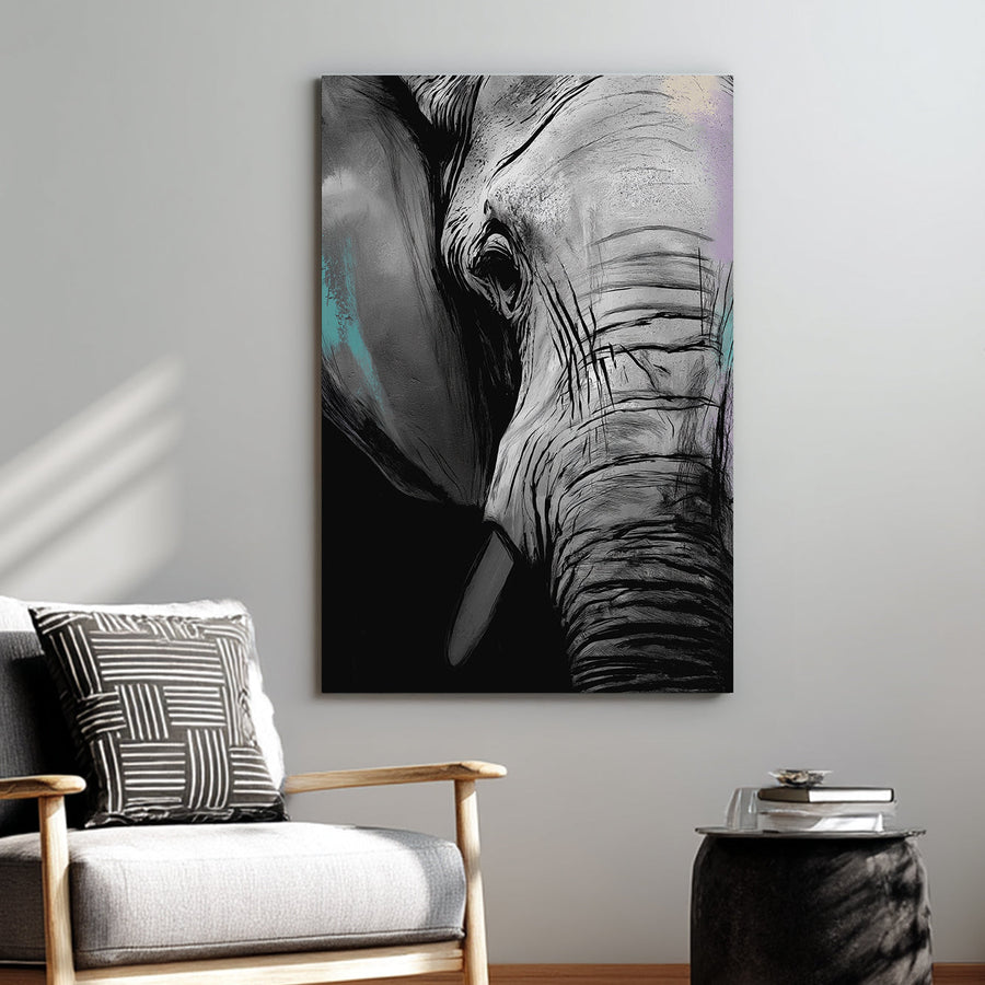 elephant close-up wall art with textured monochrome style and bold lines