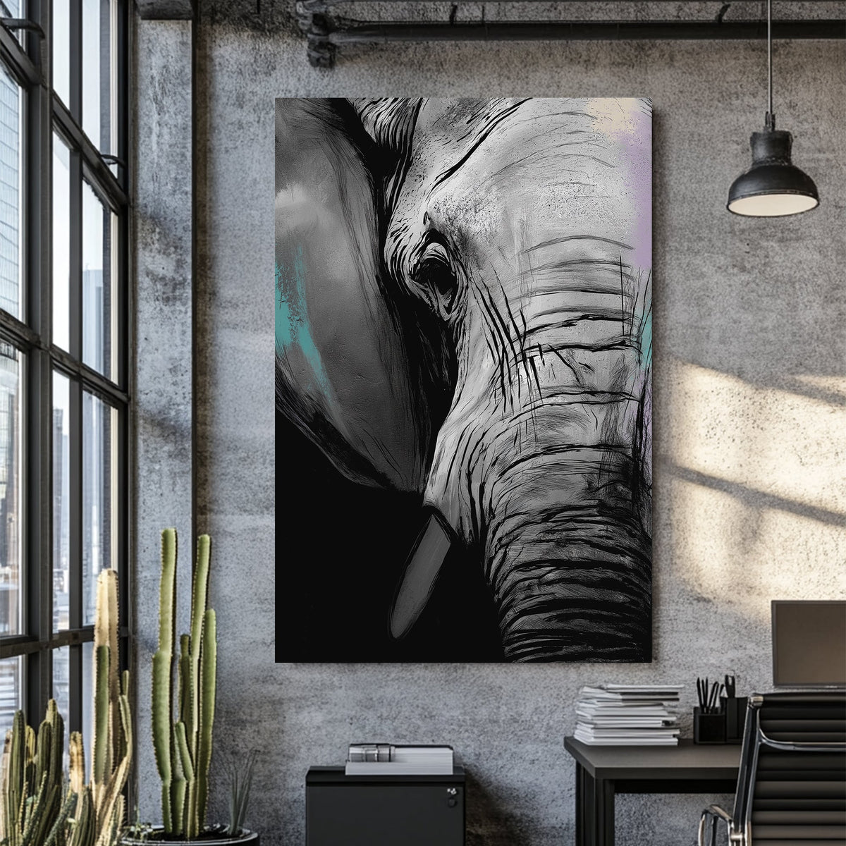 elephant close-up wall art with textured monochrome style and bold lines