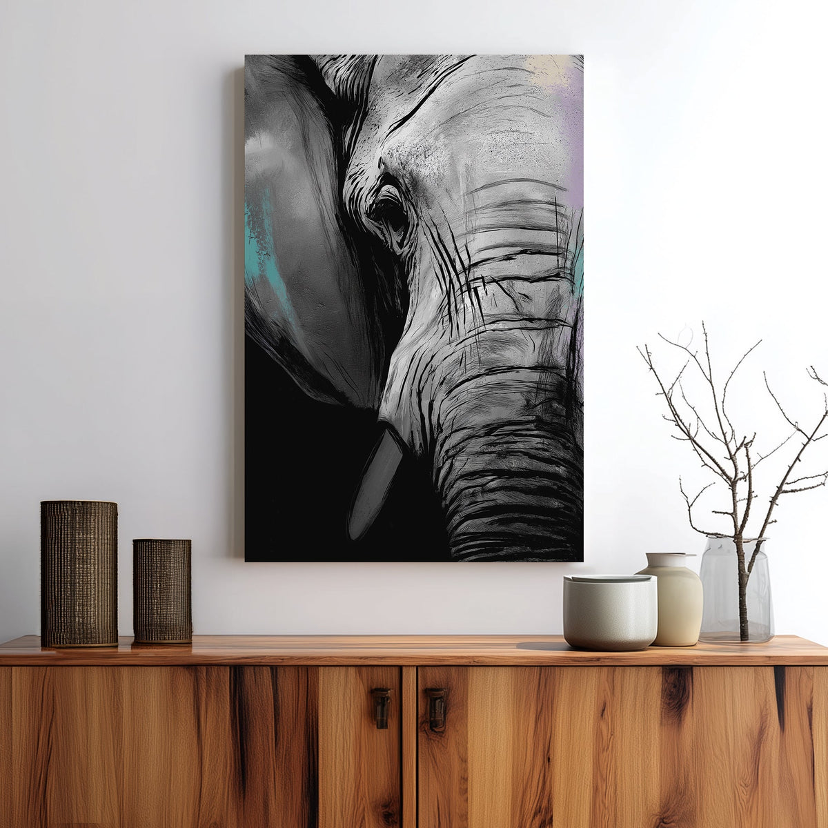elephant close-up wall art with textured monochrome style and bold lines