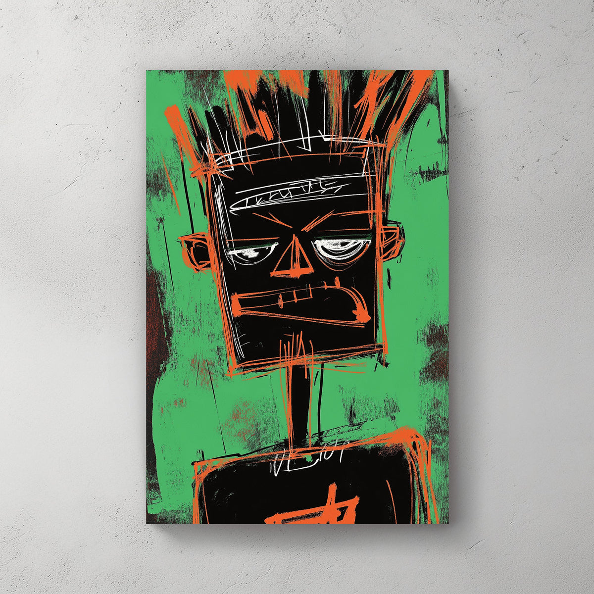 Basquiat-inspired graffiti wall art portrait with bold sketch lines on green background