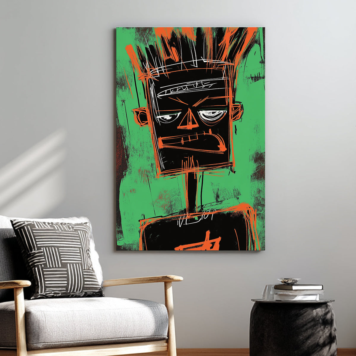 Basquiat-inspired graffiti wall art portrait with bold sketch lines on green background