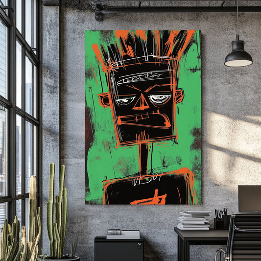 Basquiat-inspired graffiti wall art portrait with bold sketch lines on green background
