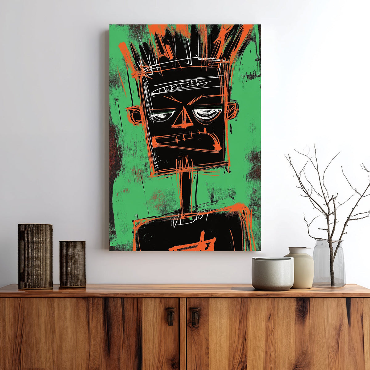 Basquiat-inspired graffiti wall art portrait with bold sketch lines on green background