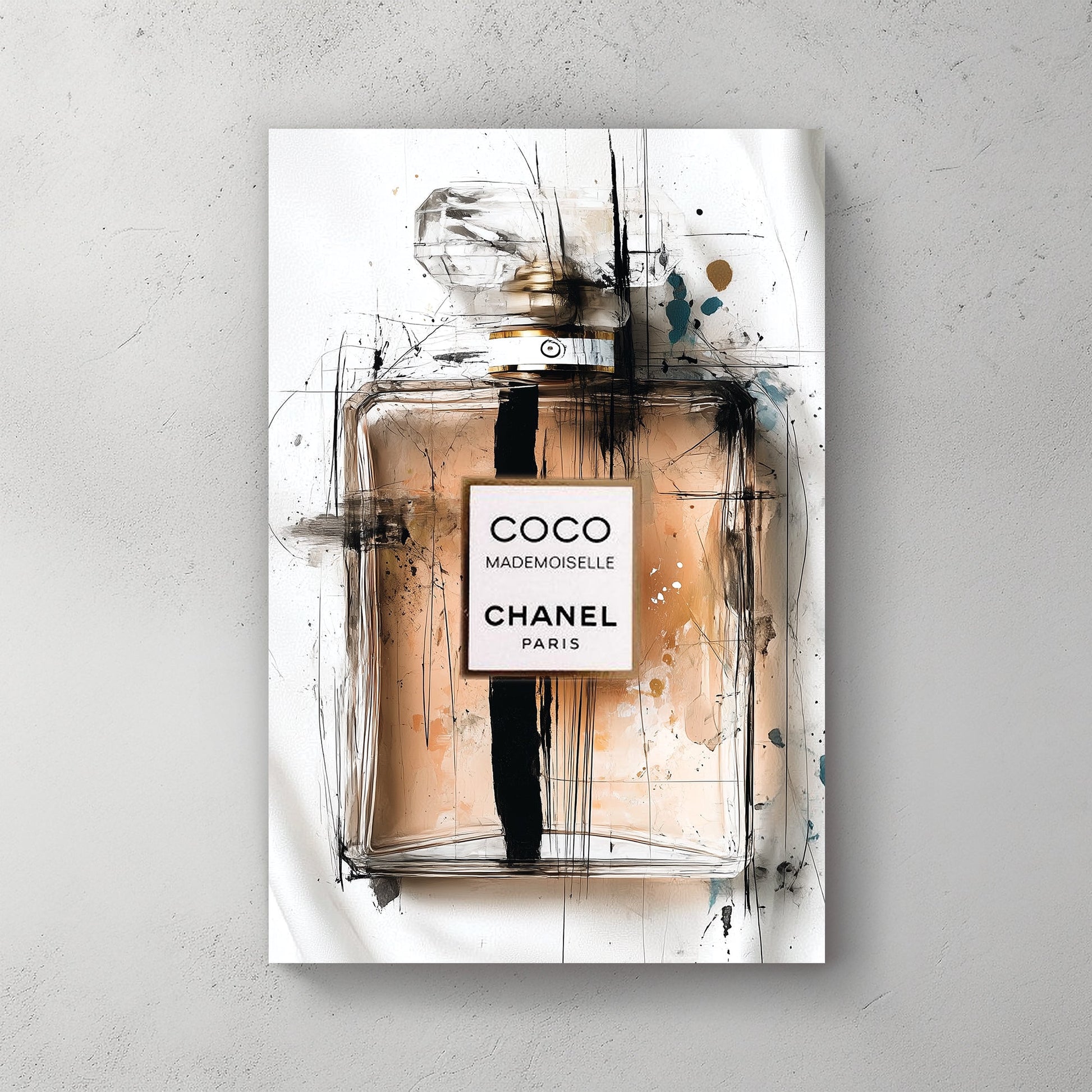 Coco Mademoiselle Chanel perfume bottle wall art with abstract ink sketch style