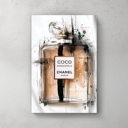 Coco Mademoiselle Chanel perfume bottle wall art with abstract ink sketch style
