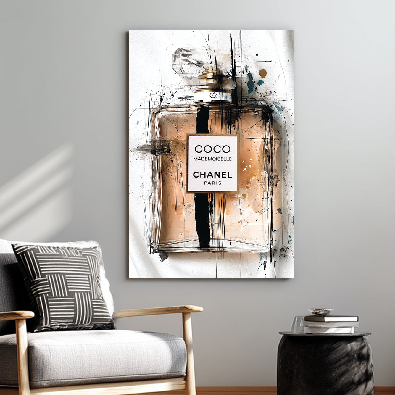 Coco Mademoiselle Chanel perfume bottle wall art with abstract ink sketch style