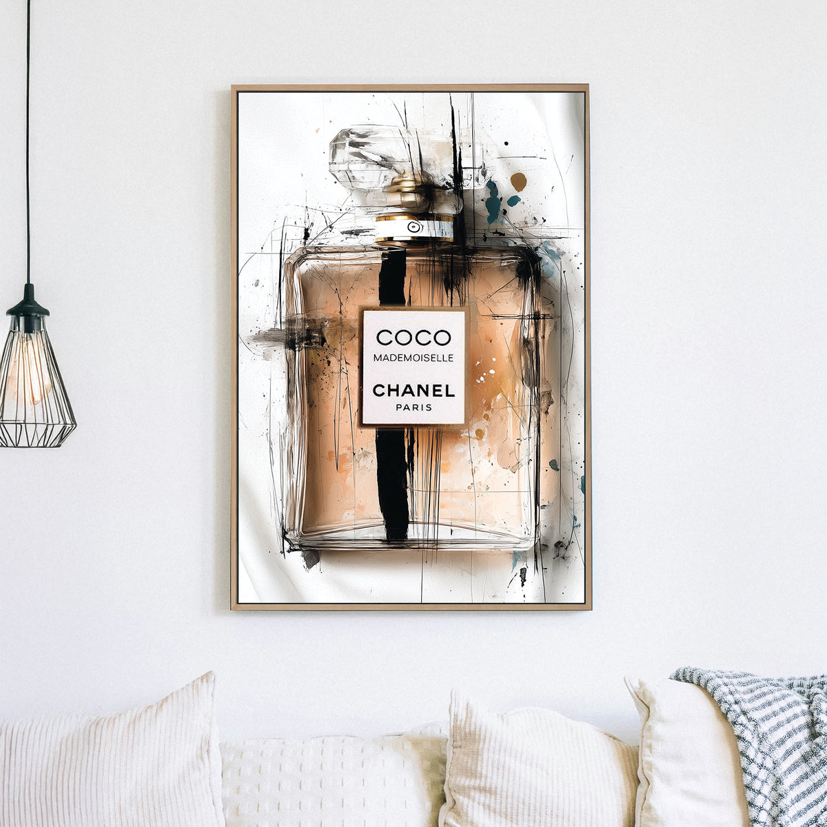 Coco Mademoiselle Chanel perfume bottle wall art with abstract ink sketch style