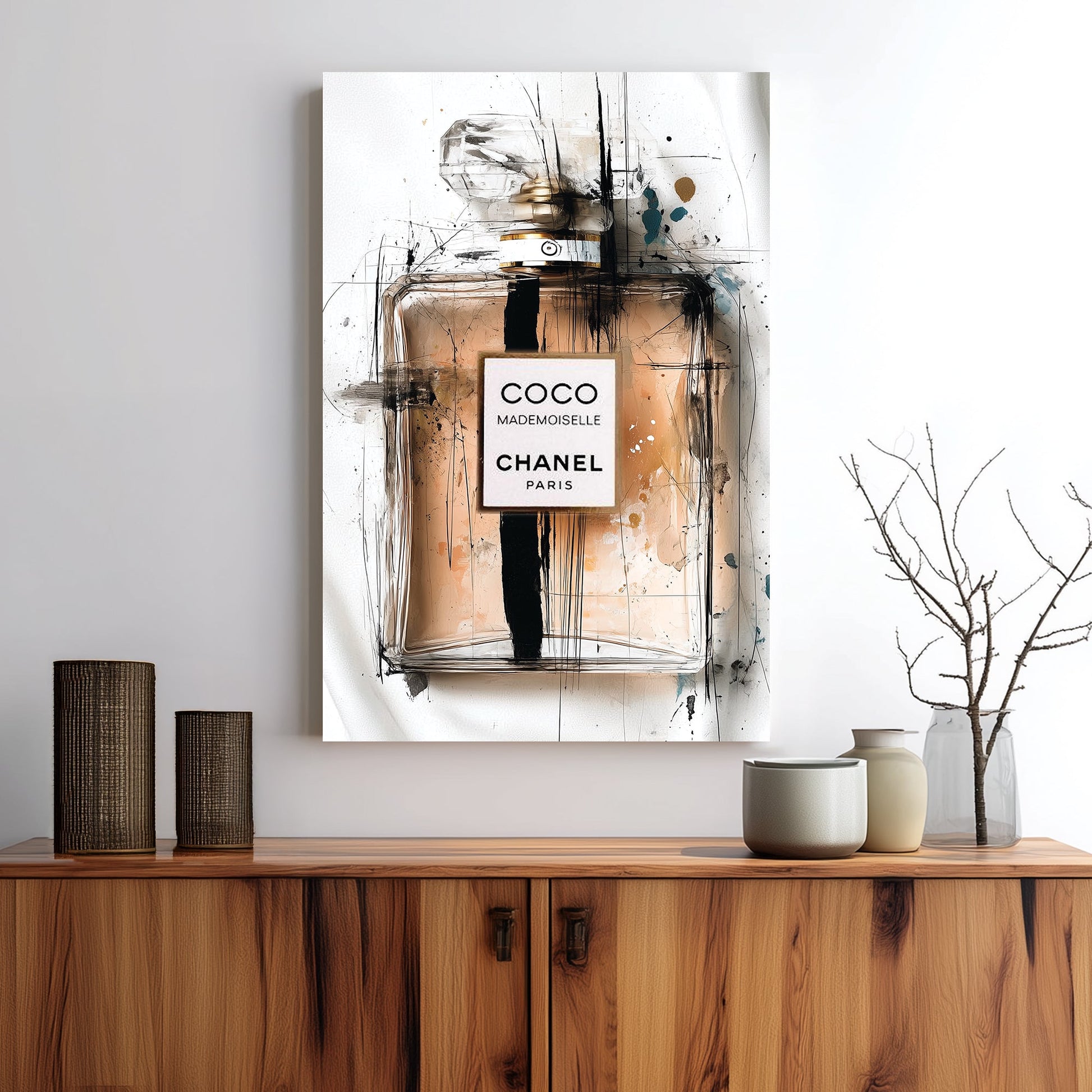 Coco Mademoiselle Chanel perfume bottle wall art with abstract ink sketch style