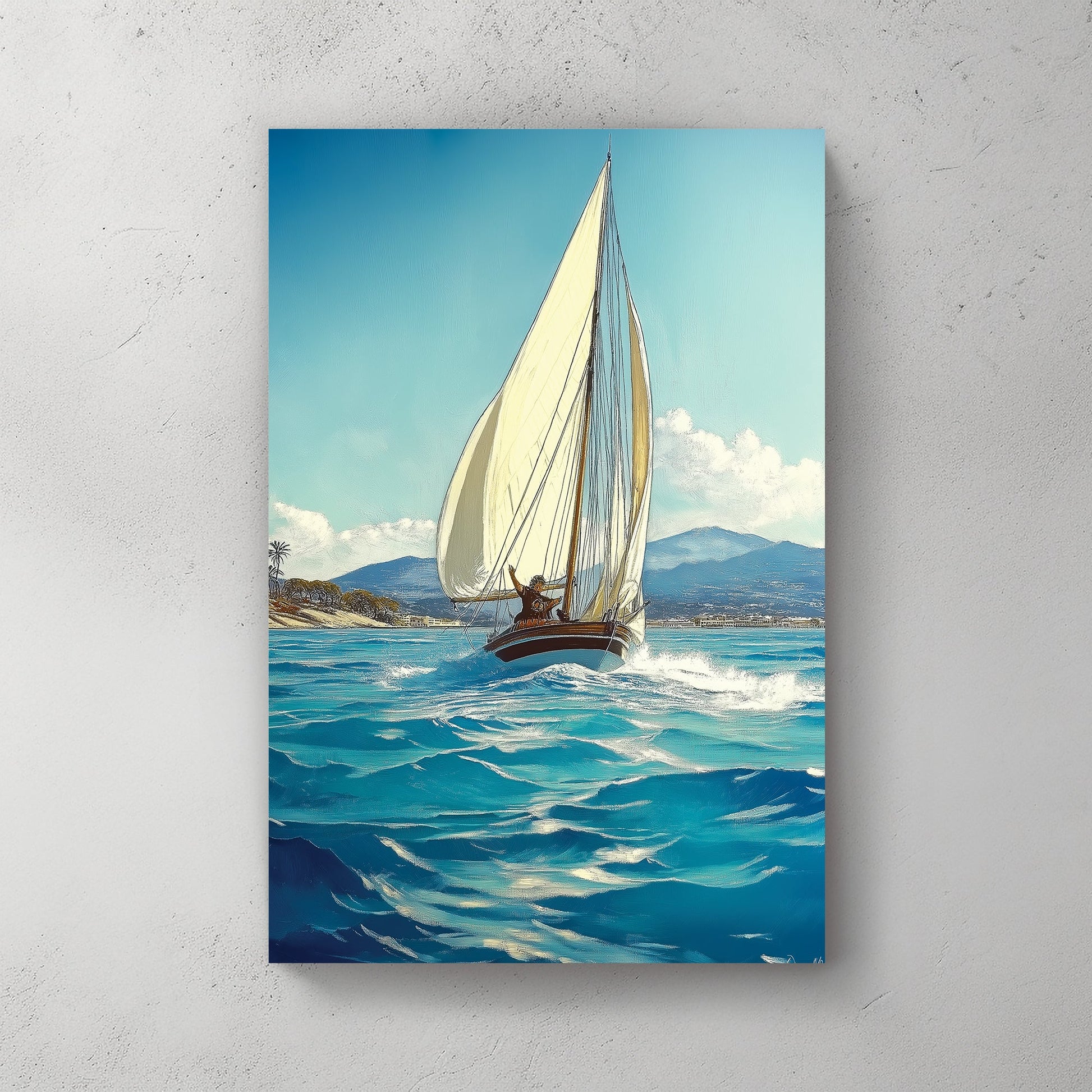 sailing boat wall art with ocean waves and coastal background