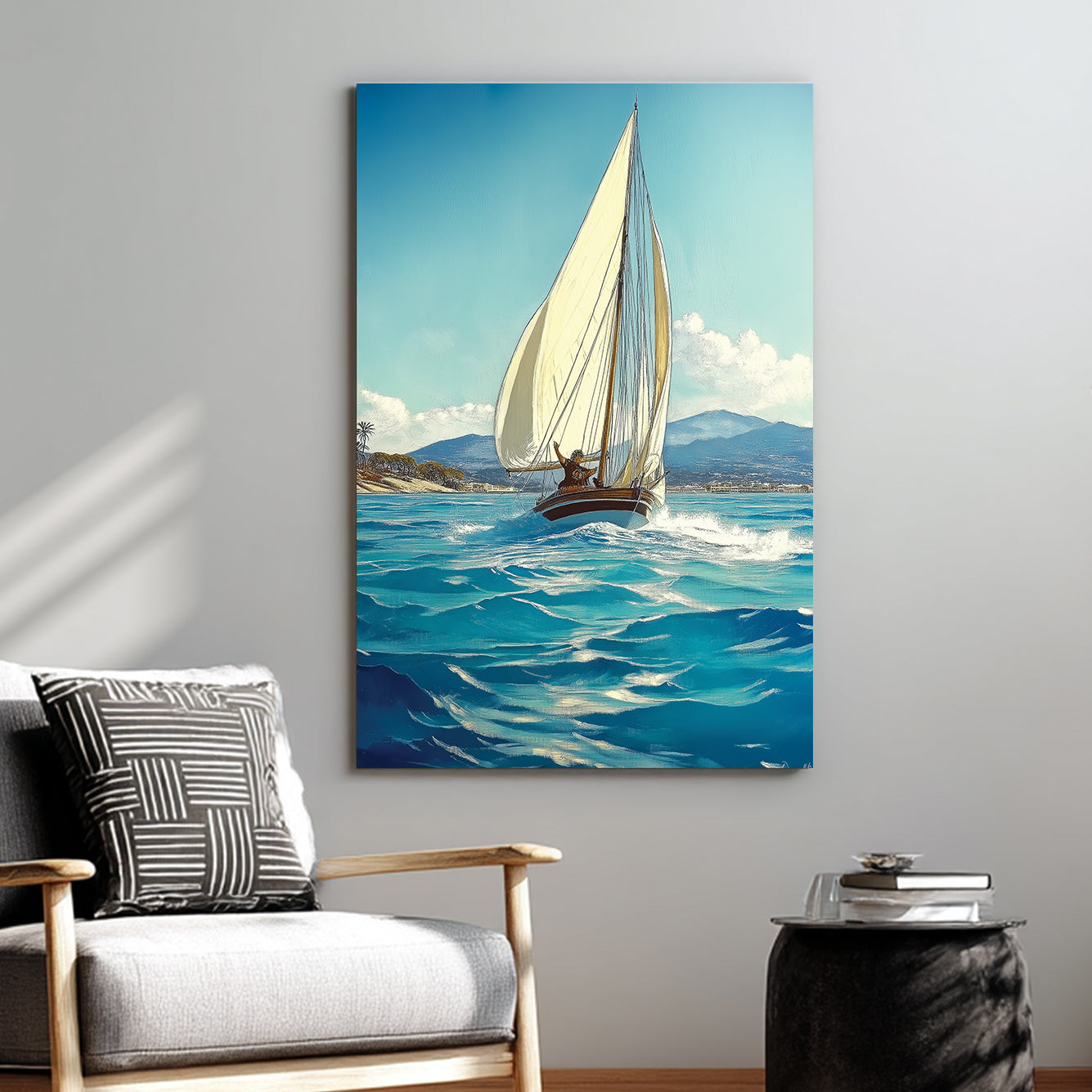 sailing boat wall art with ocean waves and coastal background