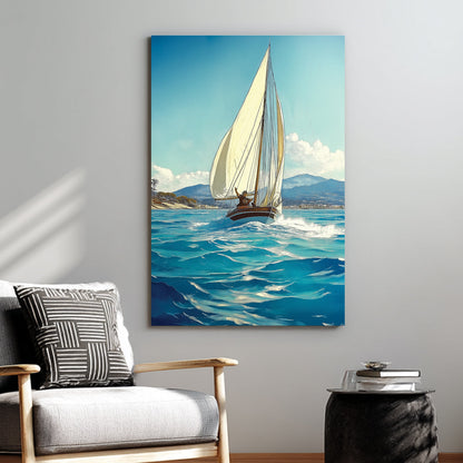sailing boat wall art with ocean waves and coastal background