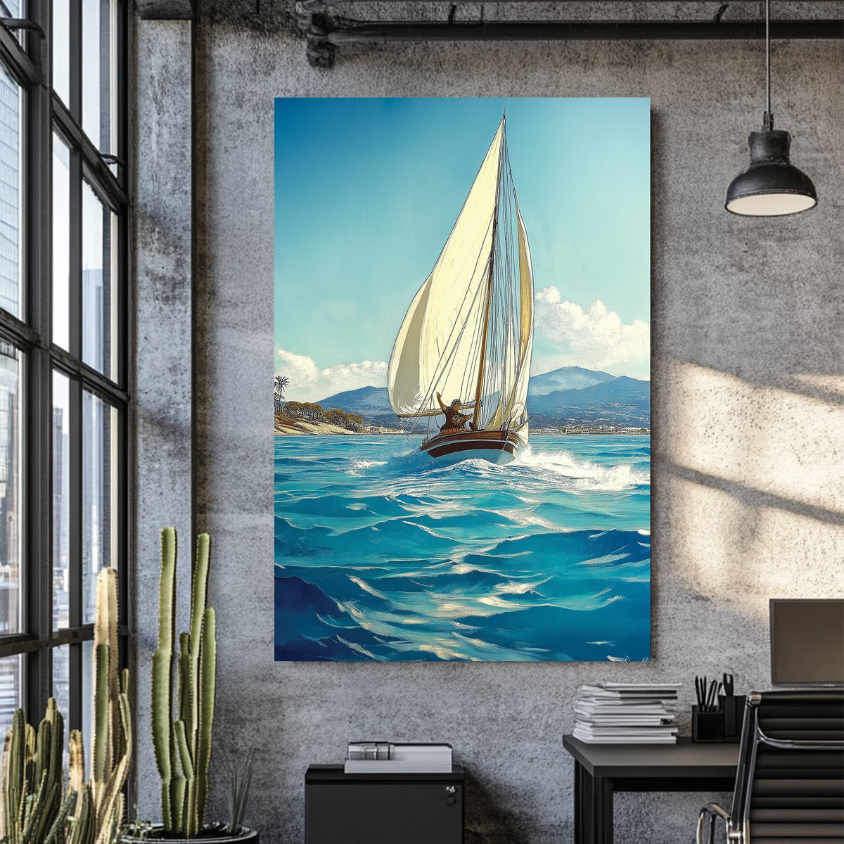 sailing boat wall art with ocean waves and coastal background