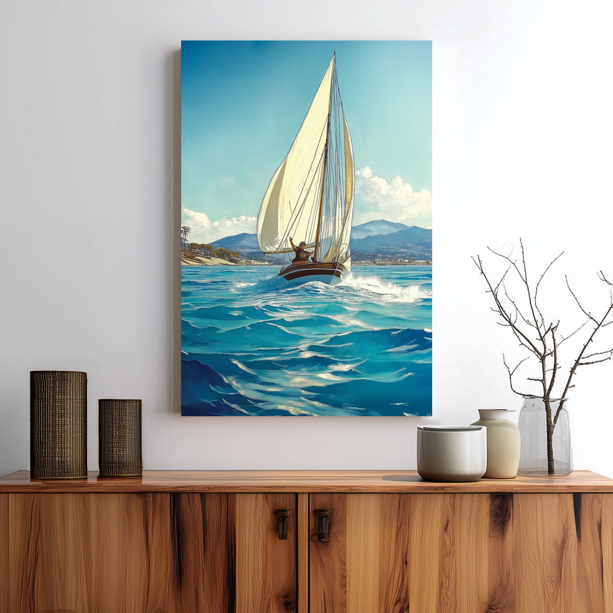 sailing boat wall art with ocean waves and coastal background
