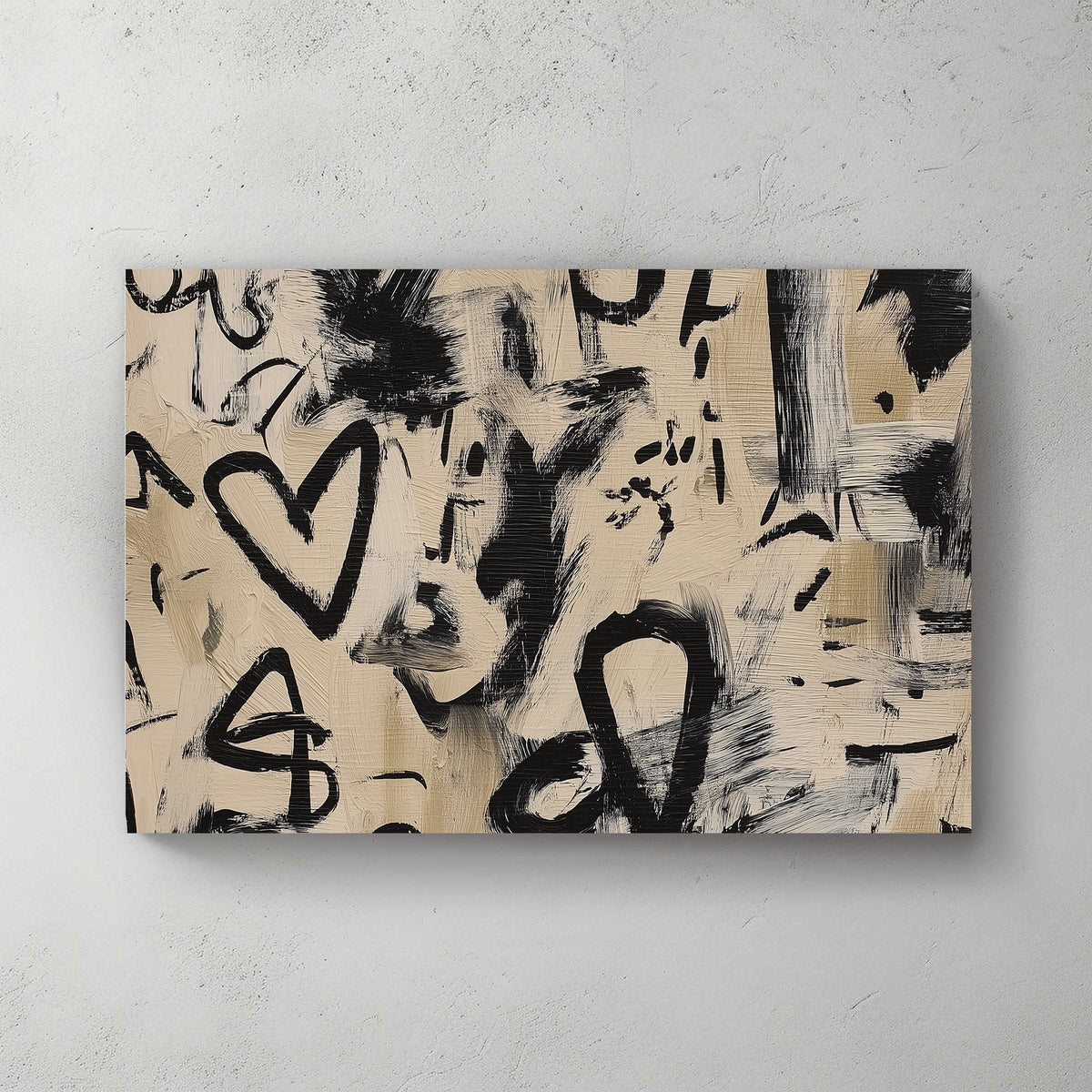 abstract love graffiti wall art with black brushstrokes on beige background