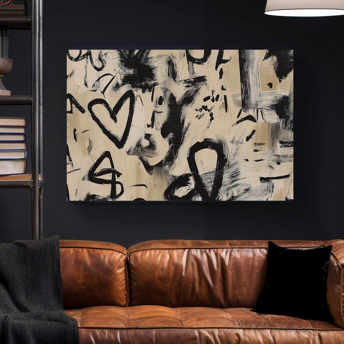 abstract love graffiti wall art with black brushstrokes on beige background