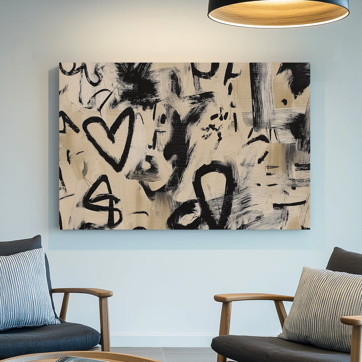 abstract love graffiti wall art with black brushstrokes on beige background