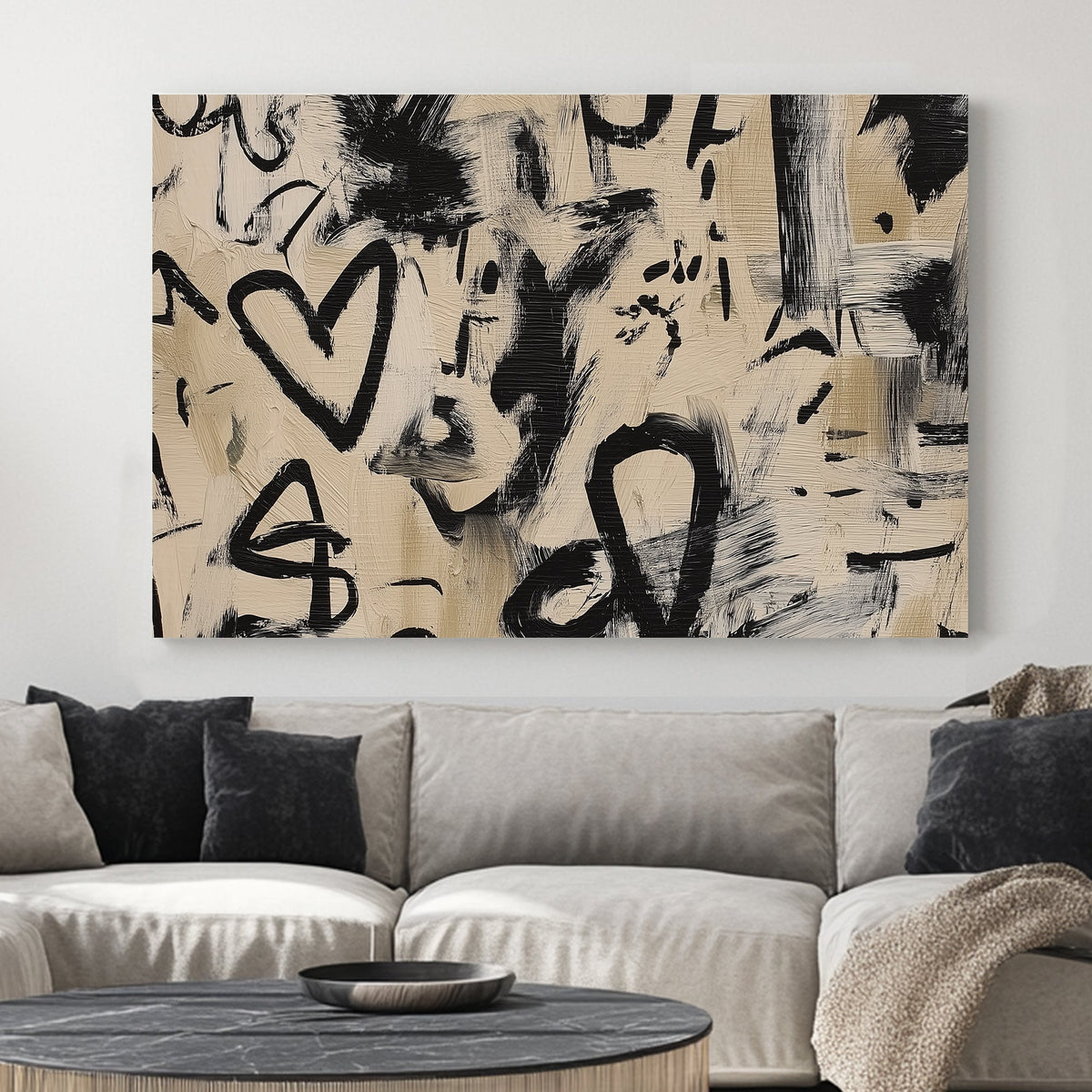 abstract love graffiti wall art with black brushstrokes on beige background