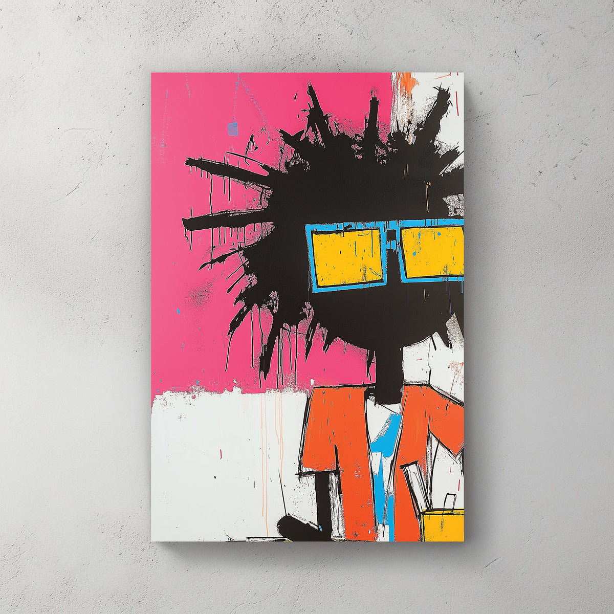 Basquiat-inspired neon graffiti wall art of suited figure with spiky hair and sunglasses