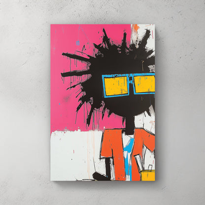 Basquiat-inspired neon graffiti wall art of suited figure with spiky hair and sunglasses