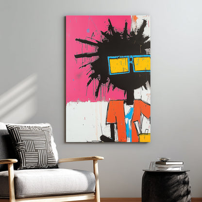 Basquiat-inspired neon graffiti wall art of suited figure with spiky hair and sunglasses