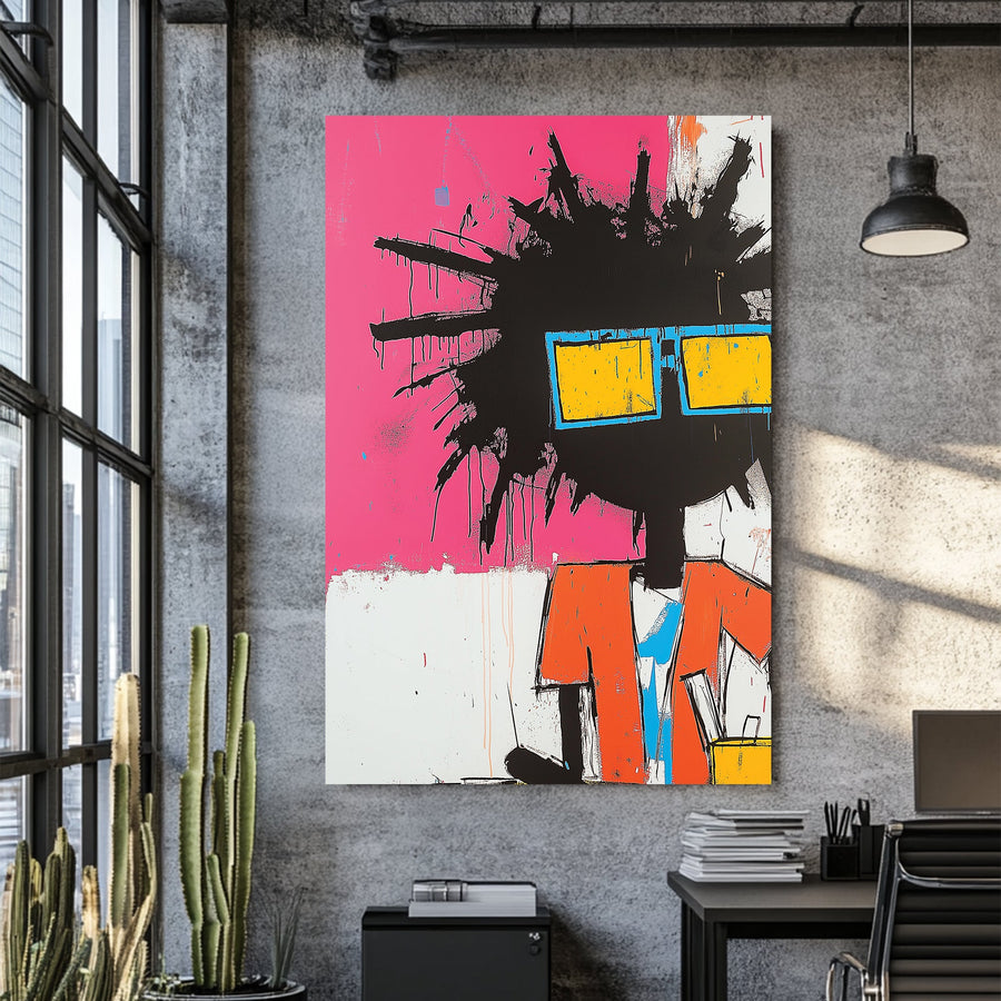 Basquiat-inspired neon graffiti wall art of suited figure with spiky hair and sunglasses
