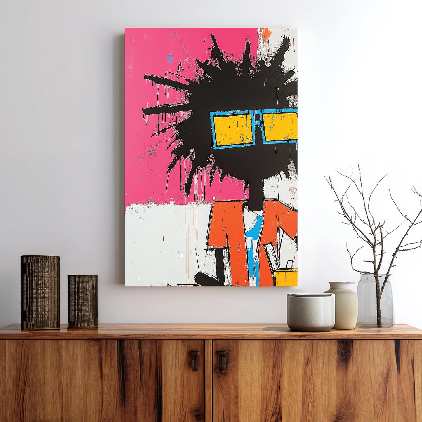 Basquiat-inspired neon graffiti wall art of suited figure with spiky hair and sunglasses