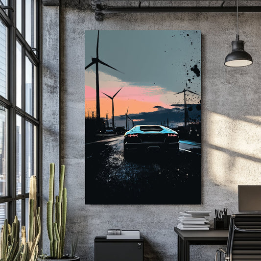 lamborghini supercar wall art with neon accents and wind turbines at dusk