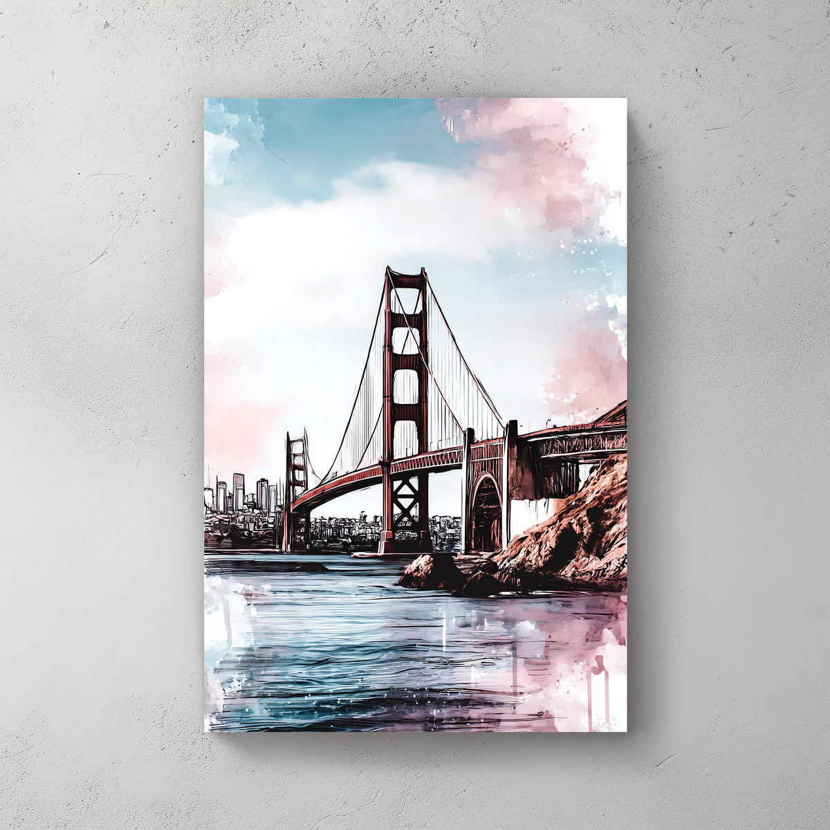 Golden Gate Bridge wall art with pastel skies and water reflections