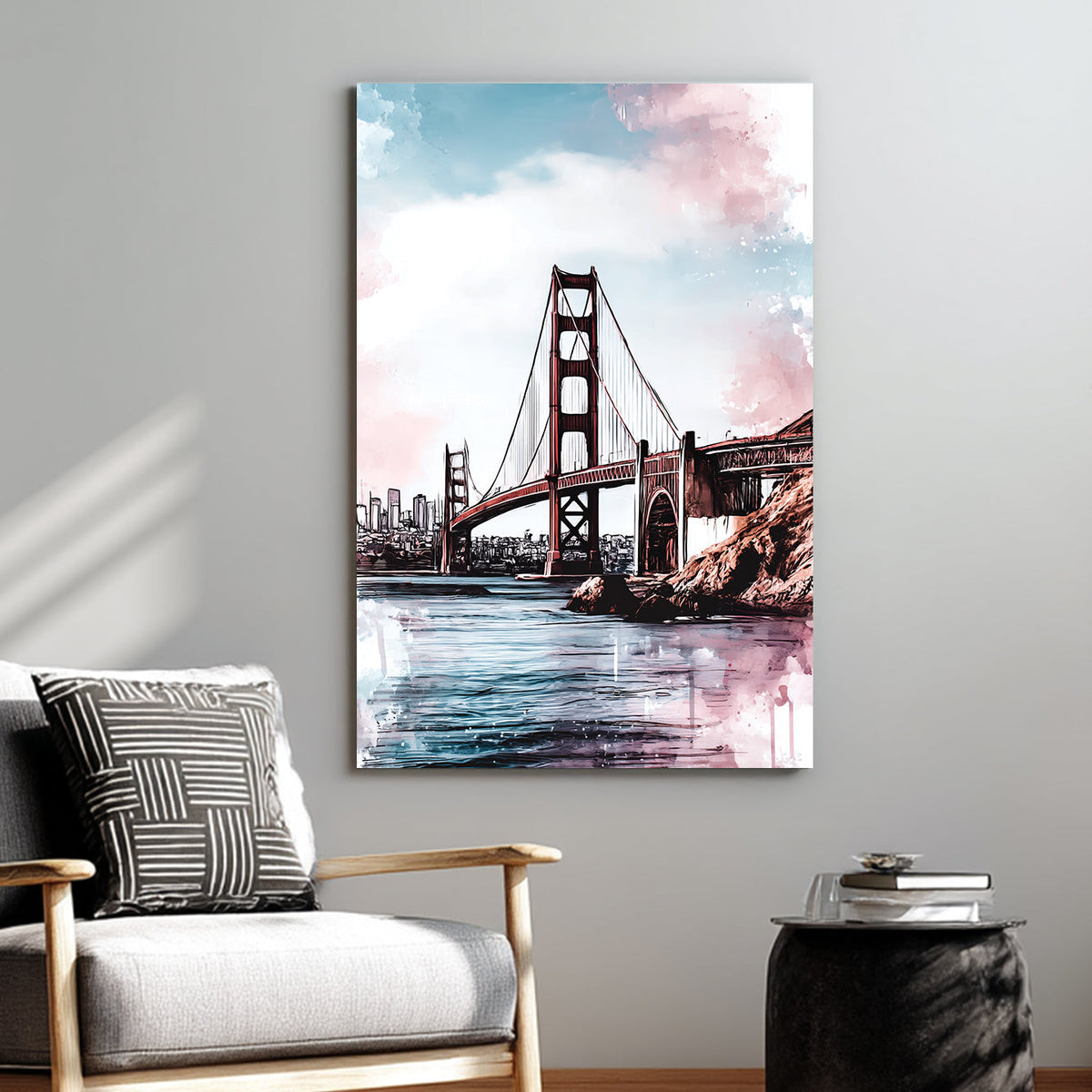 Golden Gate Bridge wall art with pastel skies and water reflections