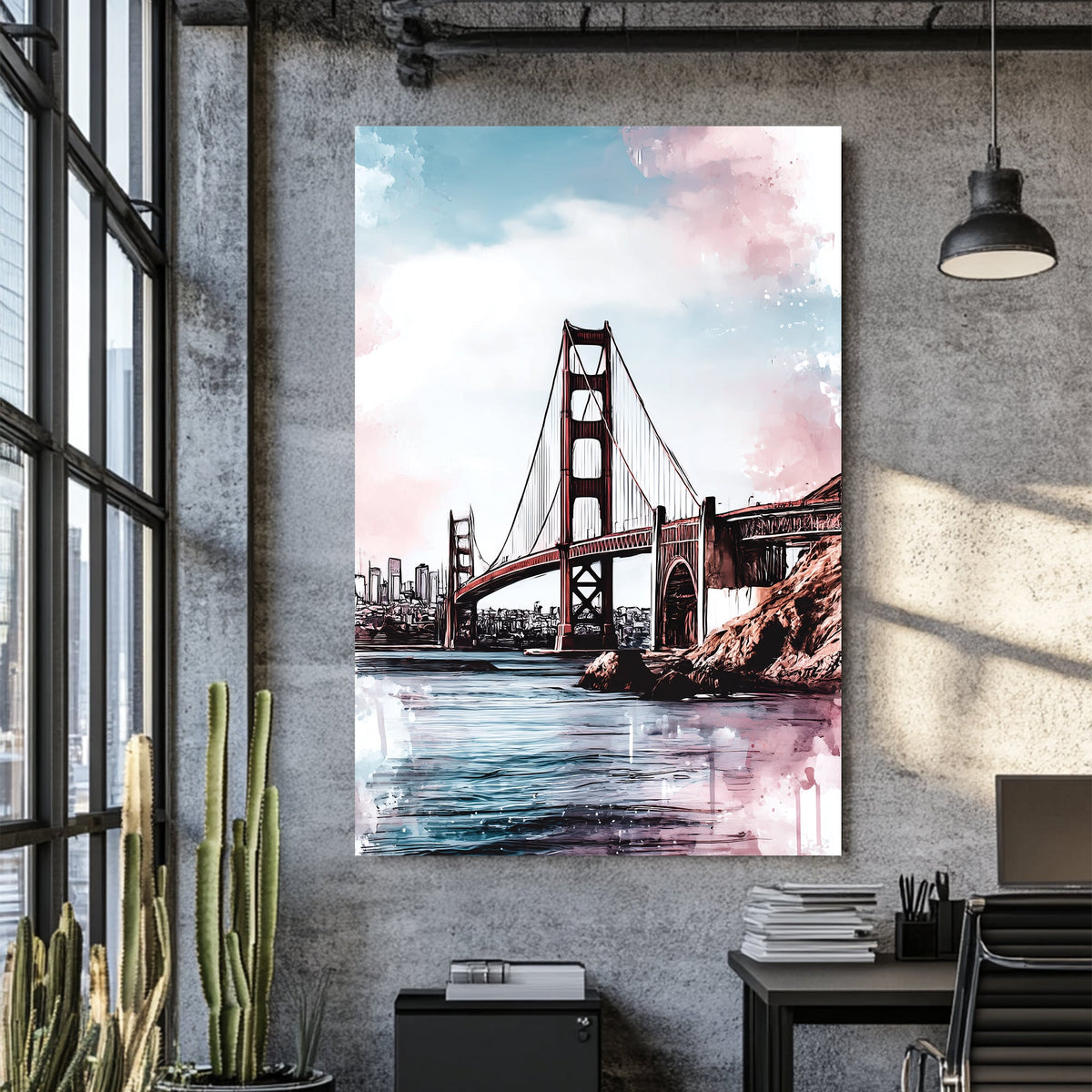 Golden Gate Bridge wall art with pastel skies and water reflections