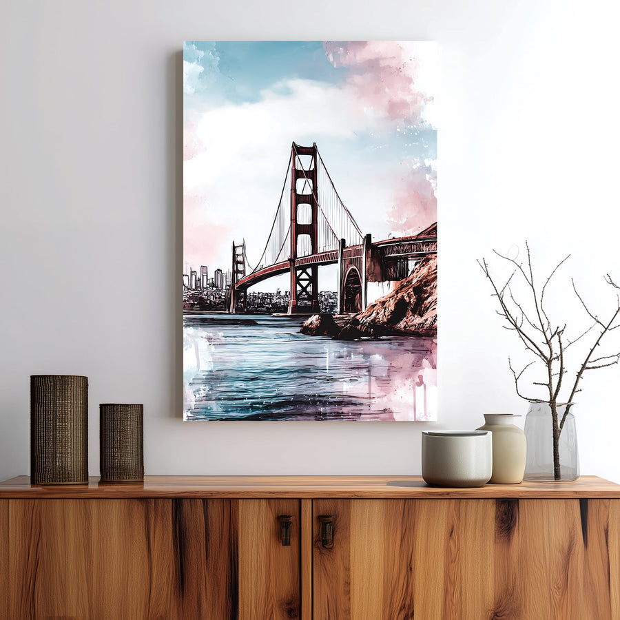 Golden Gate Bridge wall art with pastel skies and water reflections