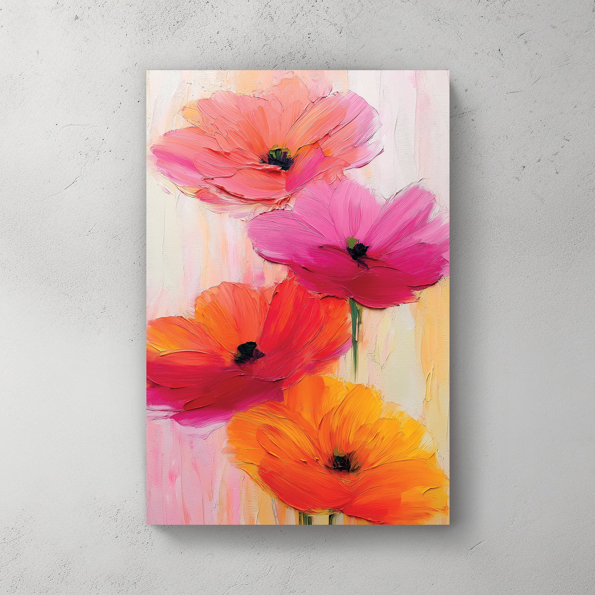 vibrant floral wall art with bold pink and orange oil-painted flowers